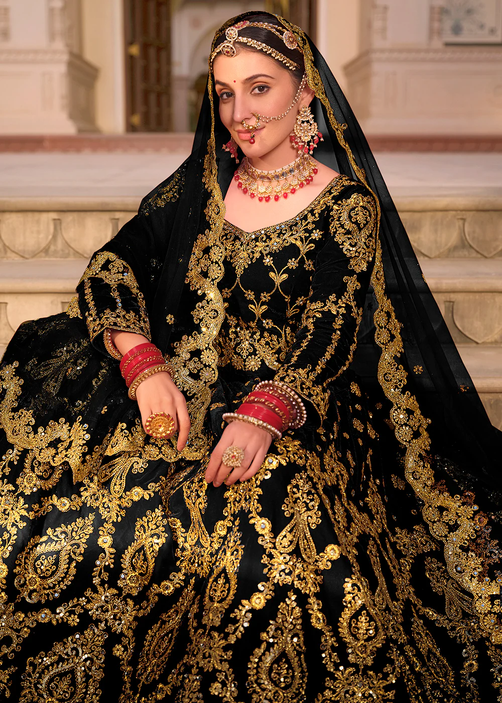 Black Velvet Heavy Embroidered A Line Lehenga Choli - Image 2