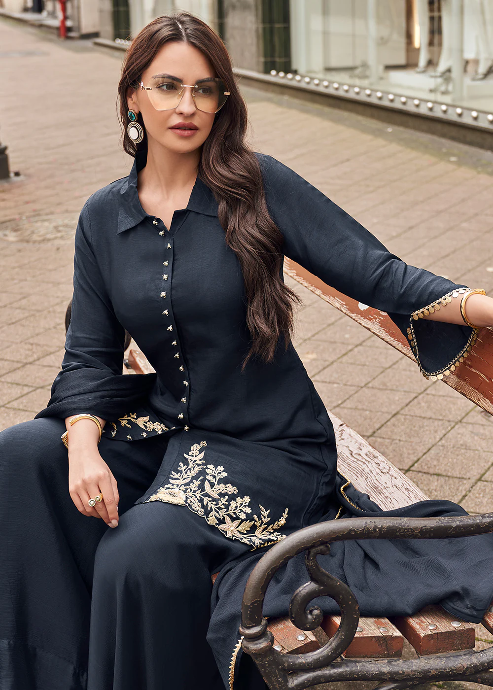 Black Viscose Jacquard Silk Festive Style Sharara Suit - Image 2