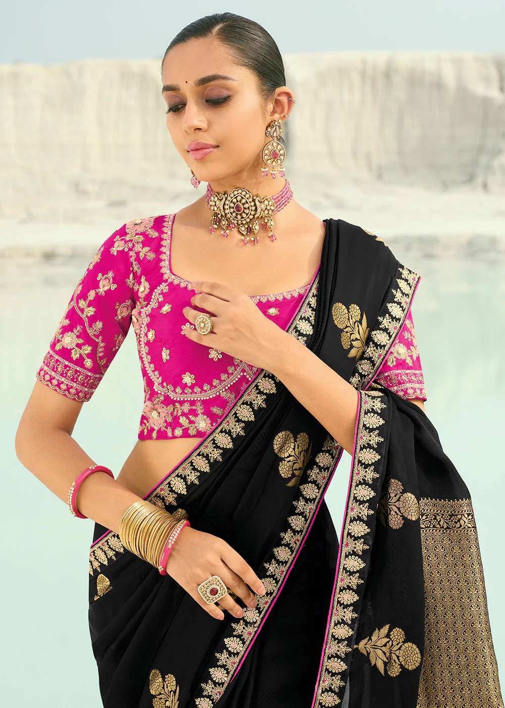 Black Viscose Organza Traditional Embroidered Saree - Image 2