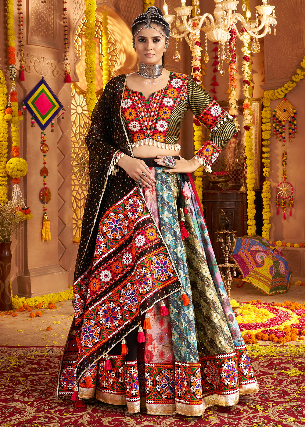 Black Viscose Rayon Embroidered Navratri Chaniya Choli