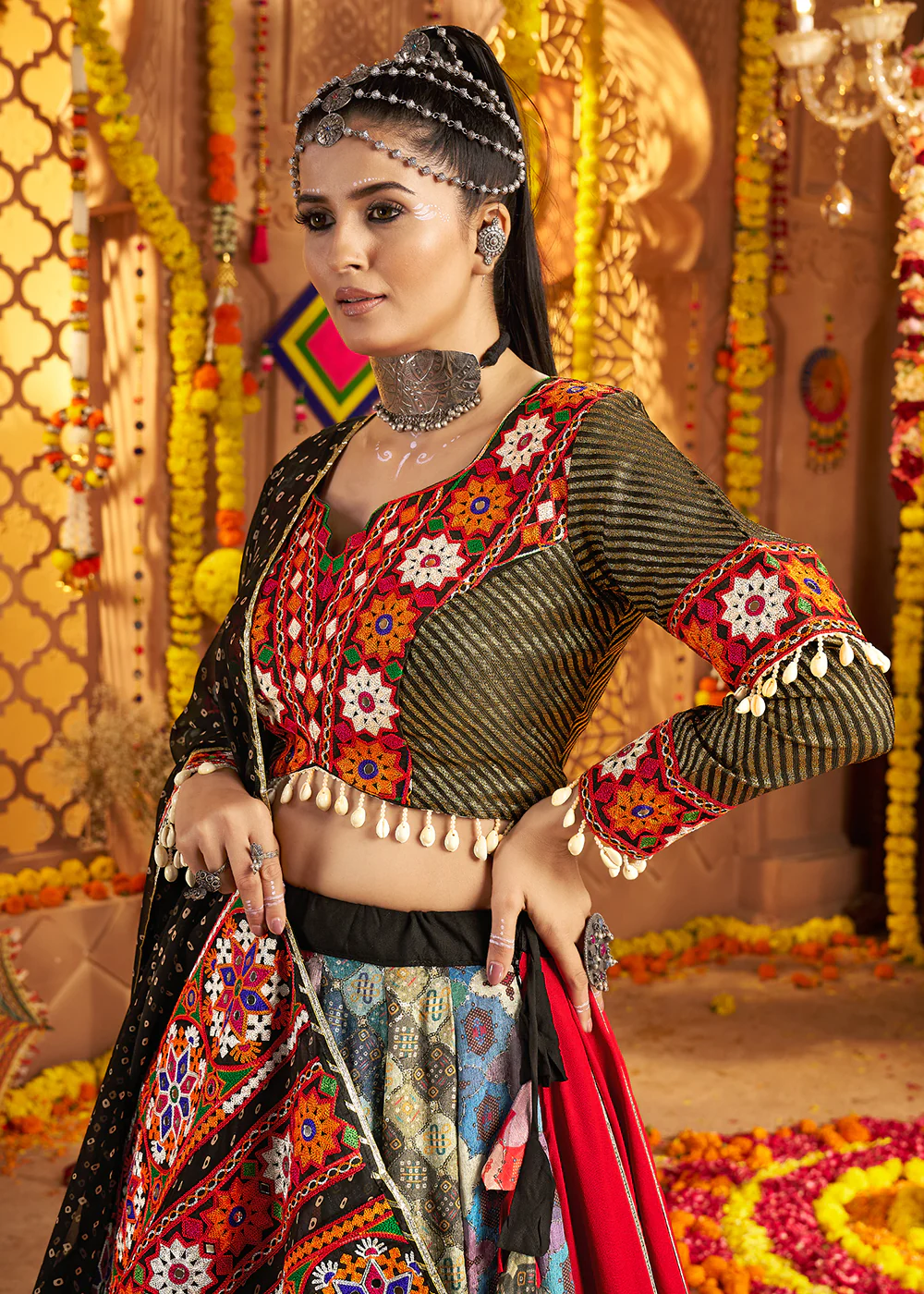 Black Viscose Rayon Embroidered Navratri Chaniya Choli - Image 2
