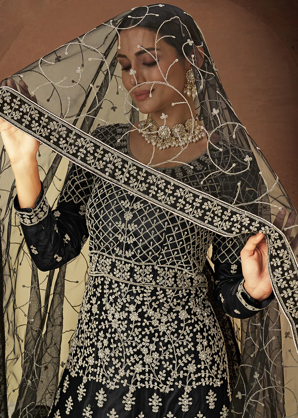 Black Zarkan Diamond Embroidered Bridal Anarkali Suit - Image 2