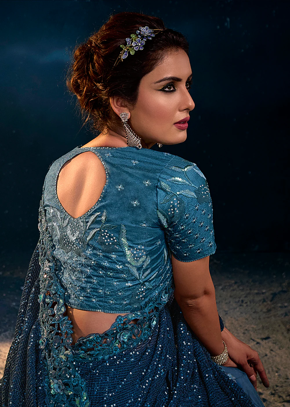 Blazing Blue Premium Net Heavy Embroidered Designer Saree - Image 3