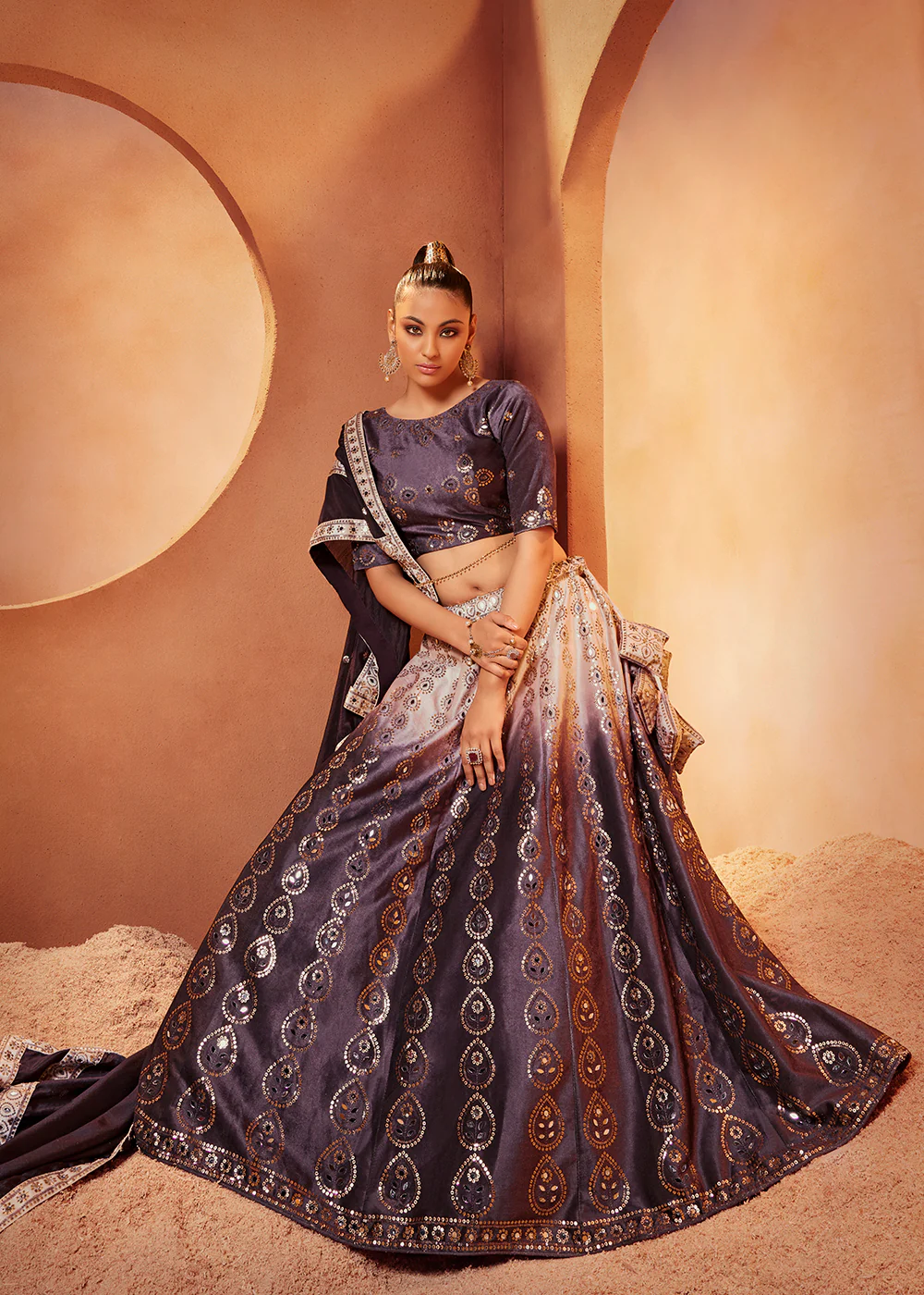 Blissful Purple & Pink Sequins & Mirror Velvet Wedding Lehenga Choli
