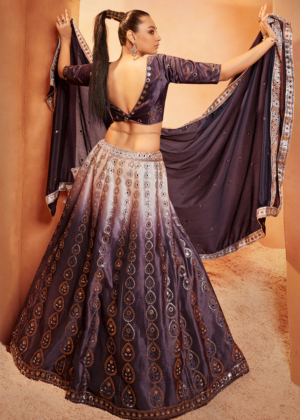 Blissful Purple & Pink Sequins & Mirror Velvet Wedding Lehenga Choli - Image 3