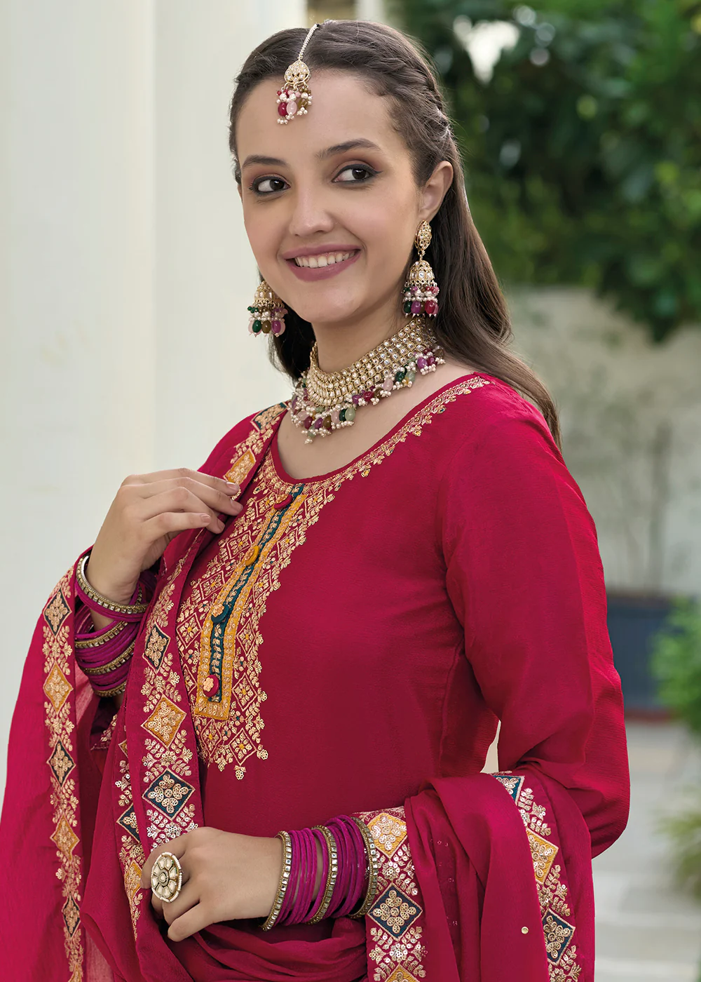 Blooming Chinon Pink Embroidered Wedding Wear Palazzo Suit - Image 4