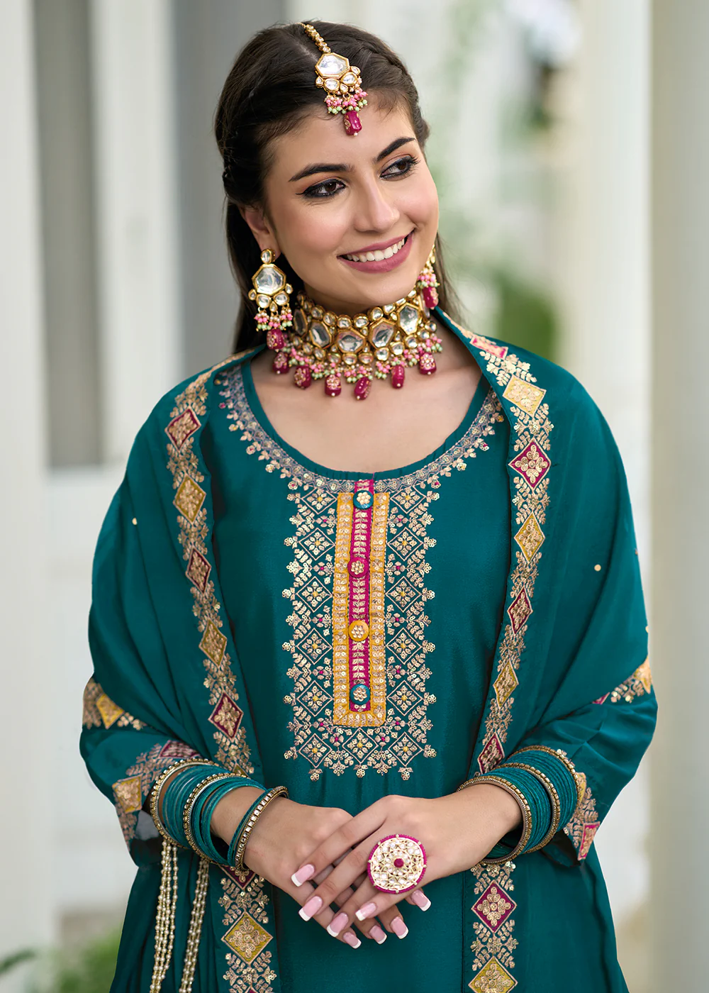 Blooming Chinon Teal Green Embroidered Wedding Wear Palazzo Suit - Image 2