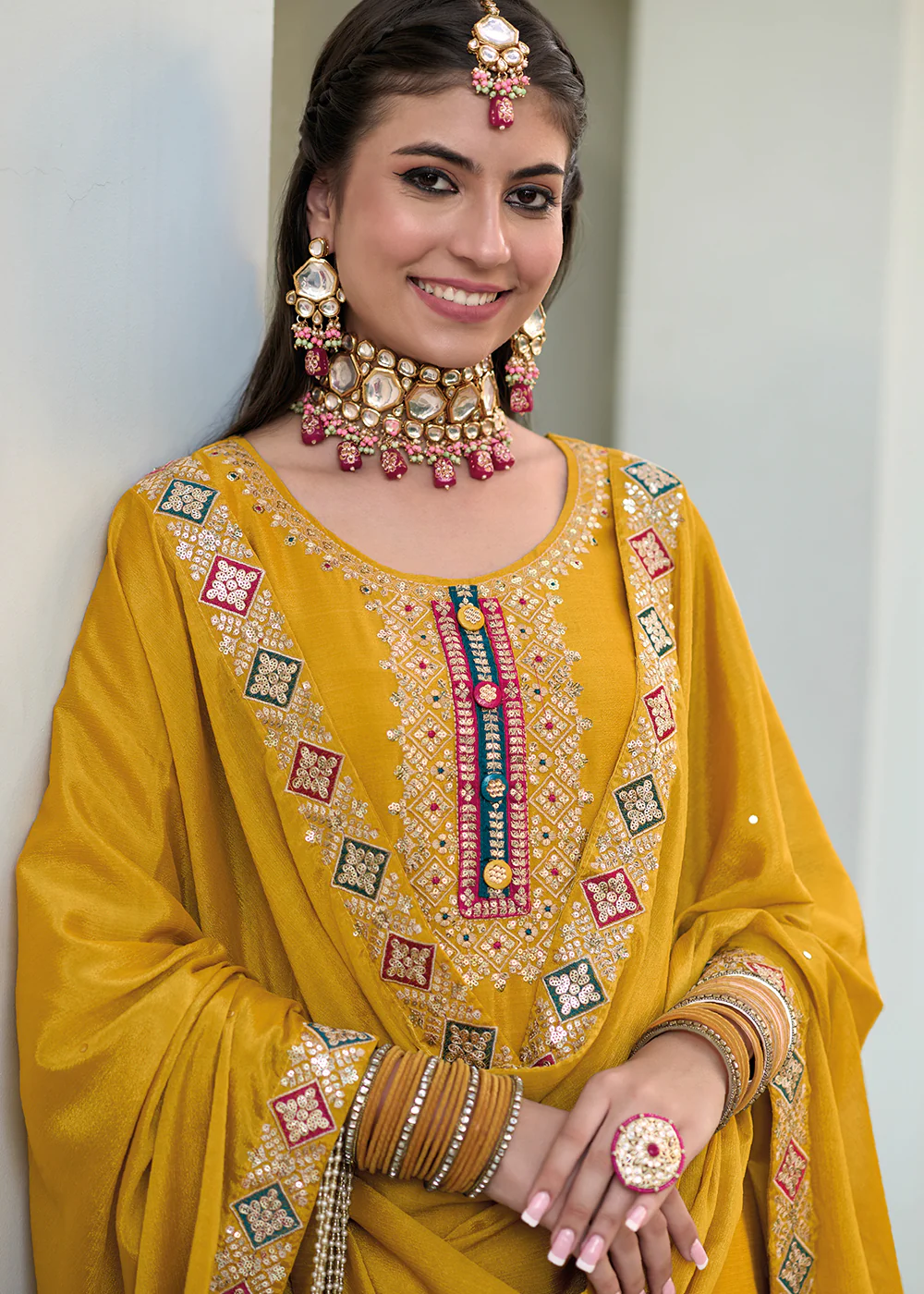 Blooming Chinon Yellow Embroidered Wedding Wear Palazzo Suit - Image 2