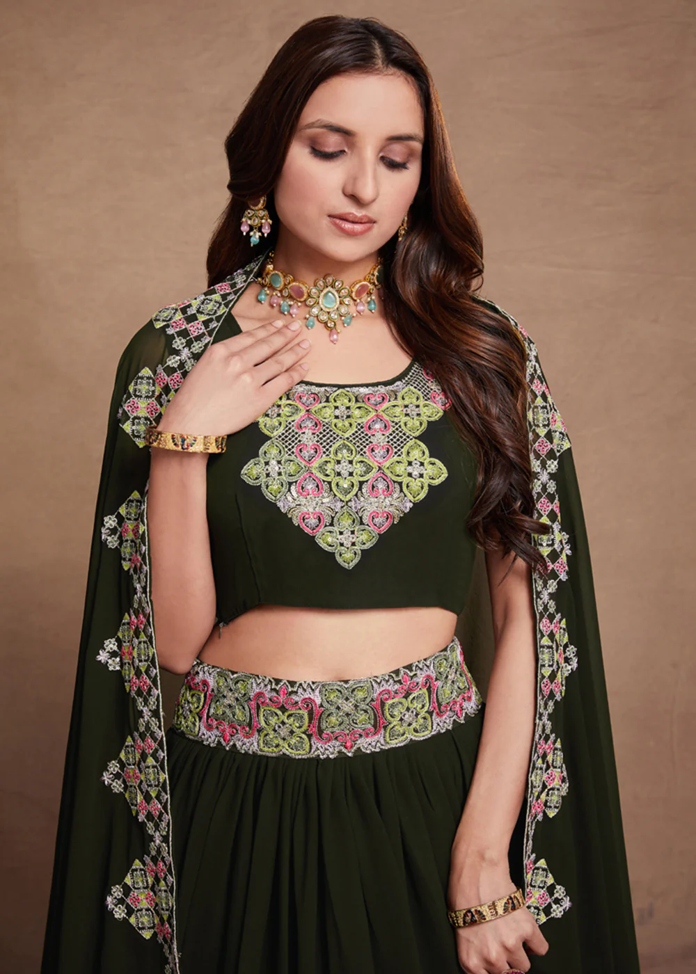 Blooming Georgette Green Embroidered Festive Lehenga Choli - Image 2