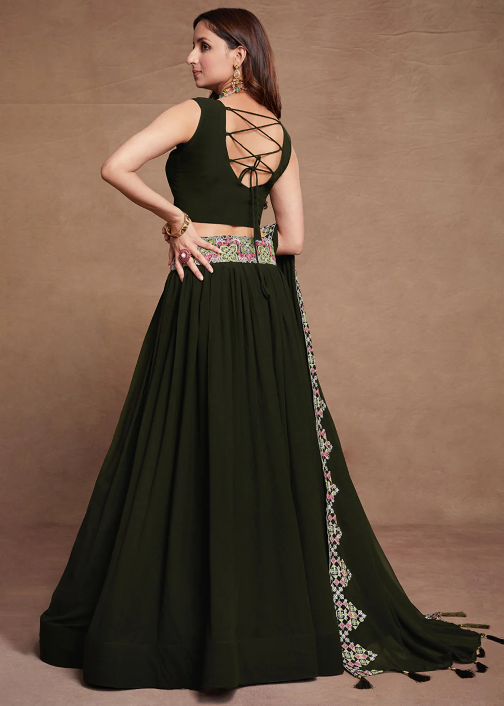 Blooming Georgette Green Embroidered Festive Lehenga Choli - Image 3