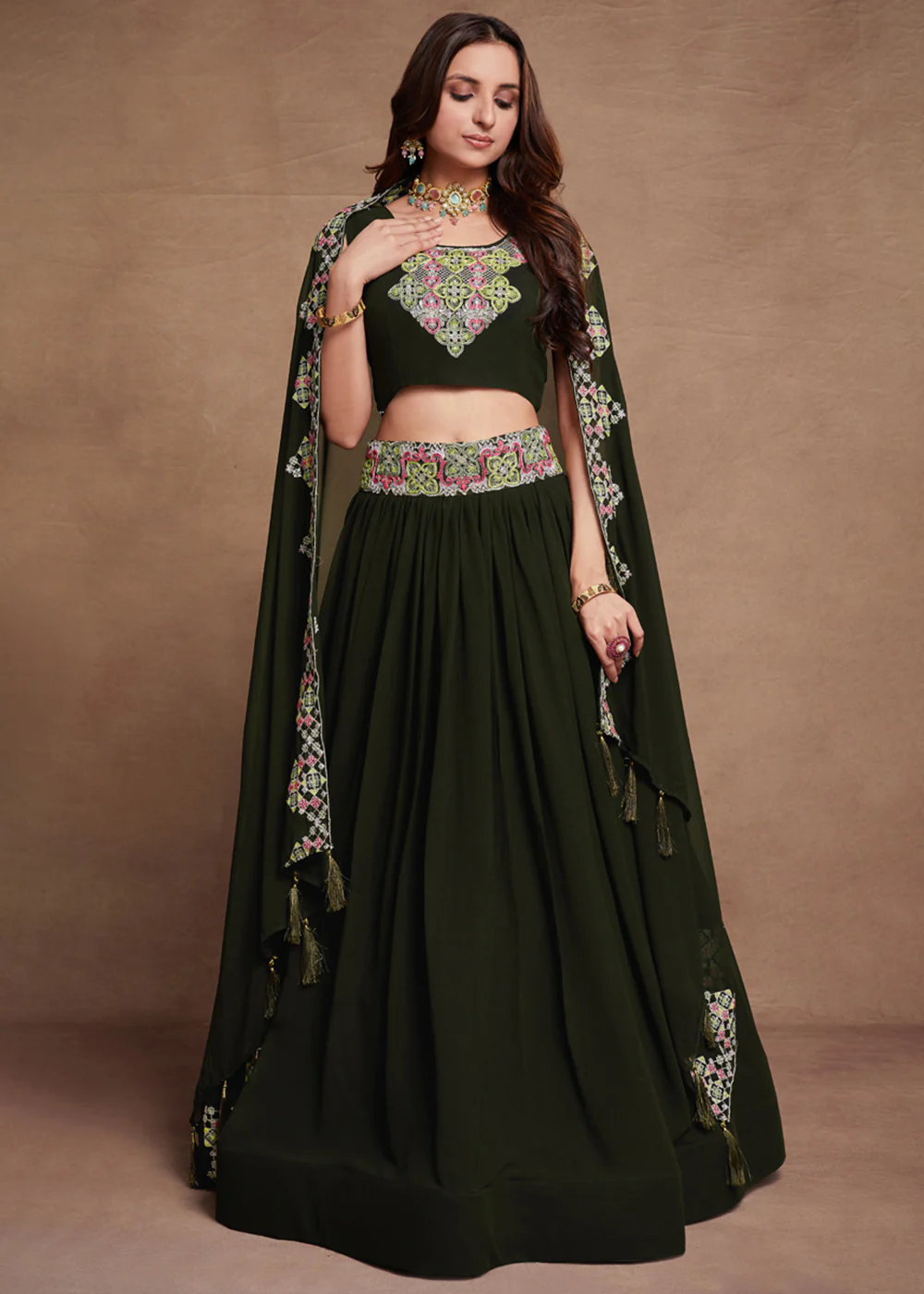 Blooming Georgette Green Embroidered Festive Lehenga Choli - Image 4