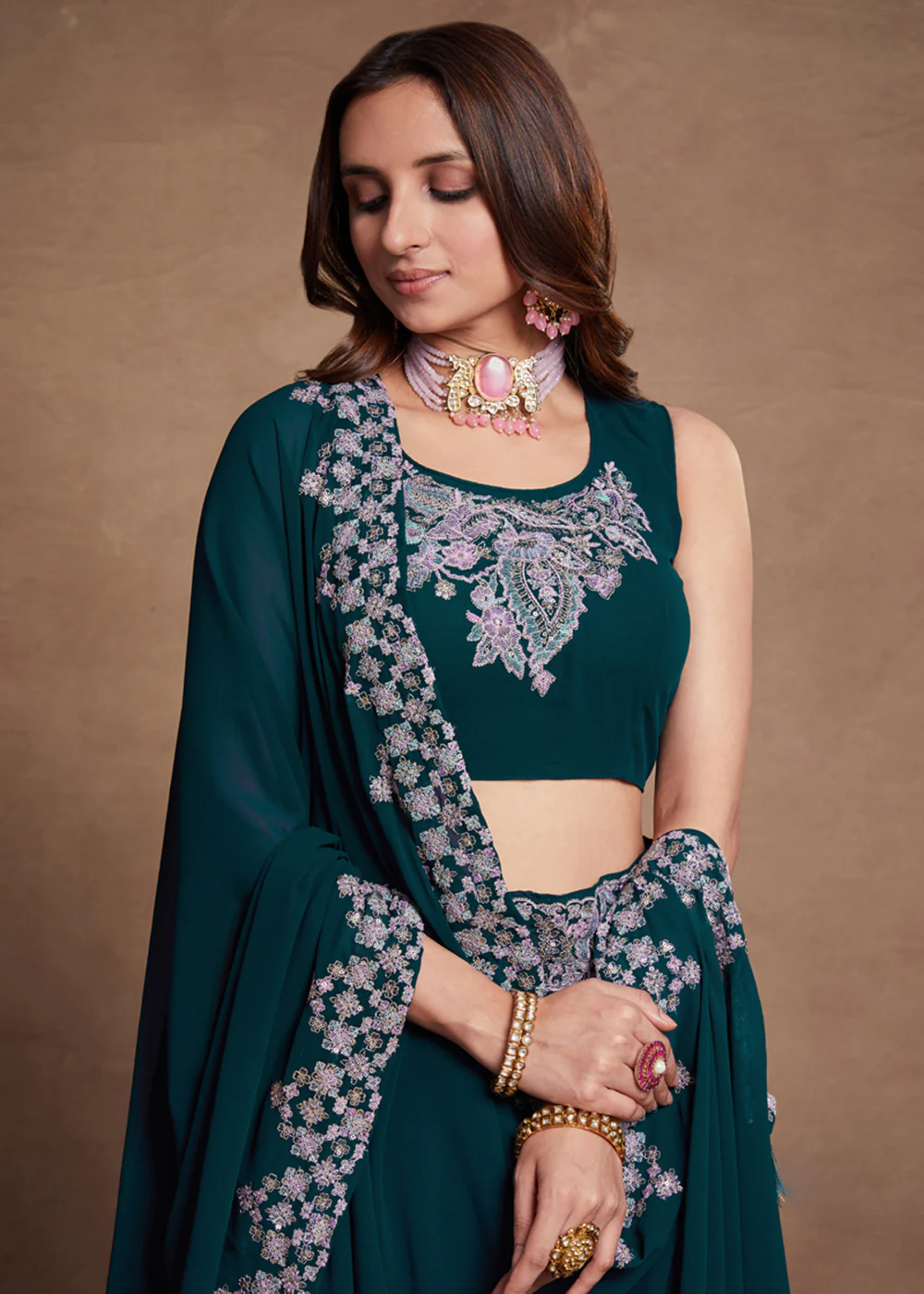 Blooming Georgette Teal Blue Embroidered Festive Lehenga Choli - Image 2