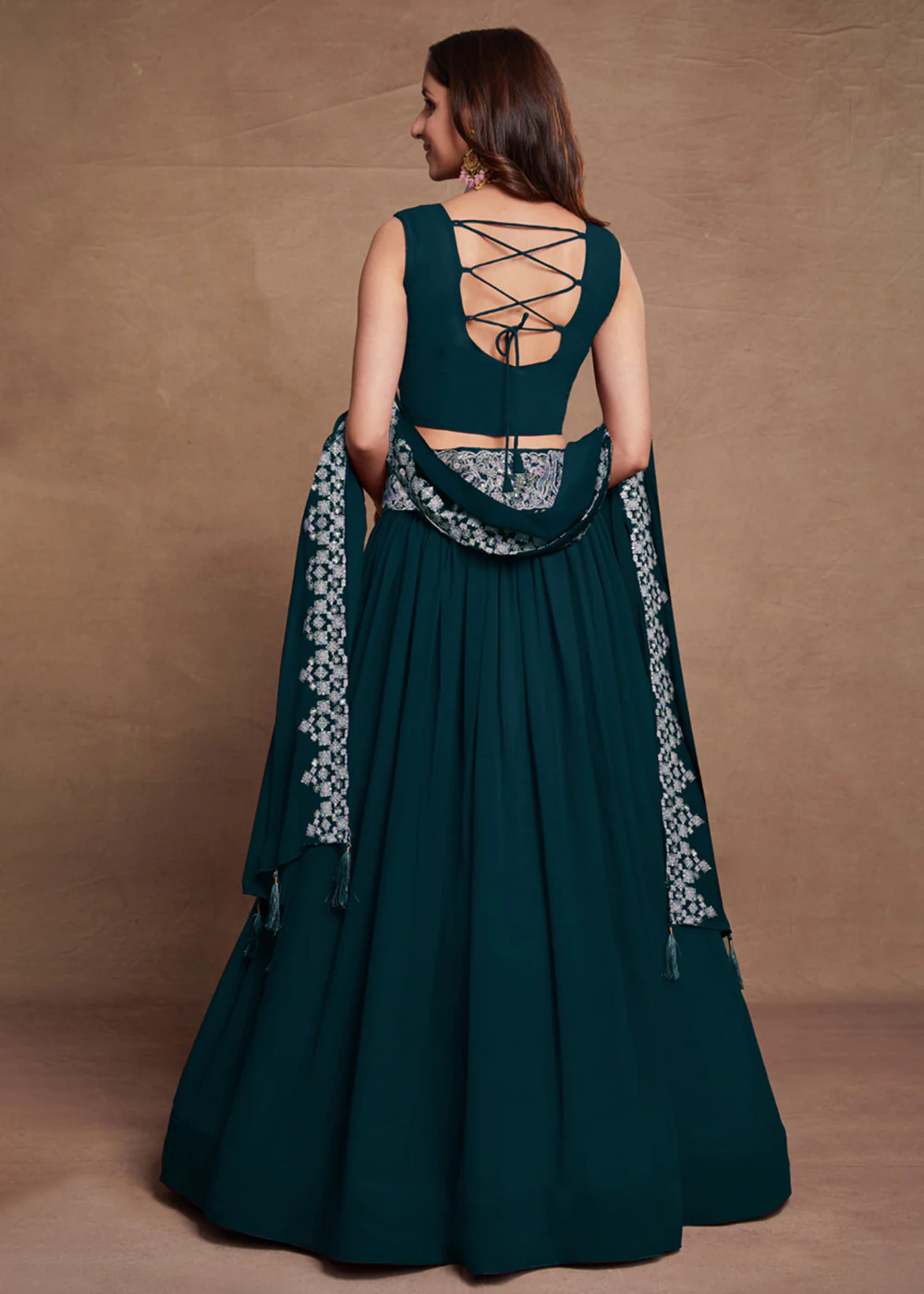 Blooming Georgette Teal Blue Embroidered Festive Lehenga Choli - Image 3
