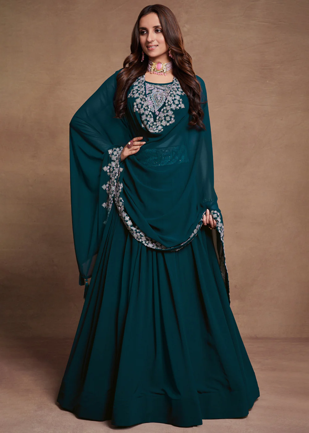 Blooming Georgette Teal Blue Embroidered Festive Lehenga Choli - Image 4