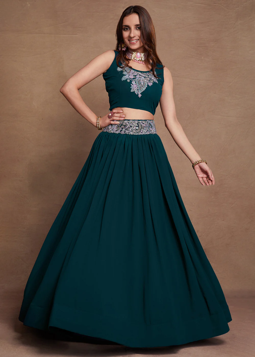 Blooming Georgette Teal Blue Embroidered Festive Lehenga Choli - Image 5