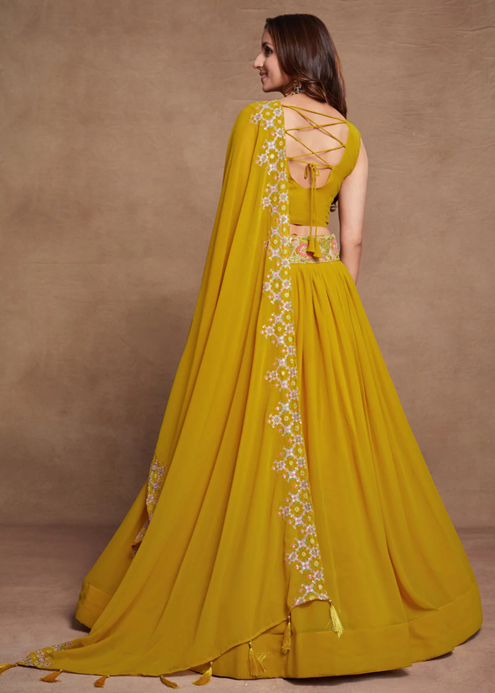 Blooming Georgette Yellow Embroidered Festive Lehenga Choli - Image 3