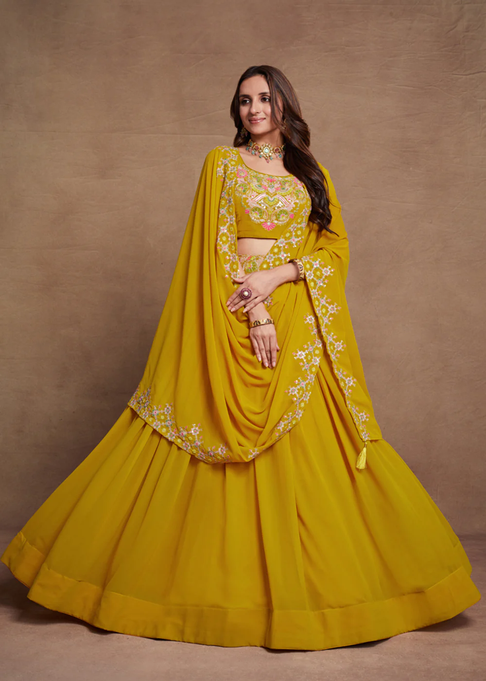 Blooming Georgette Yellow Embroidered Festive Lehenga Choli - Image 4