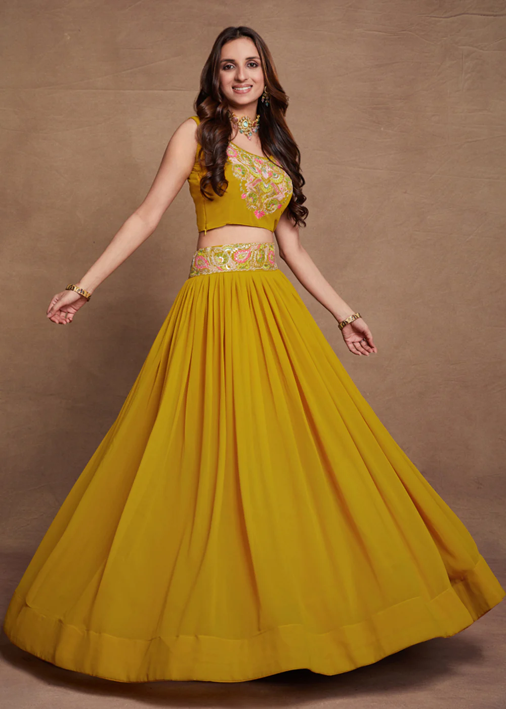 Blooming Georgette Yellow Embroidered Festive Lehenga Choli - Image 5