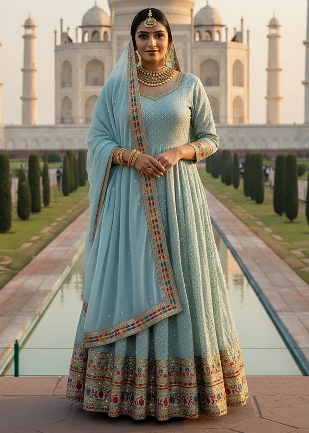 Blue All Over Sequins Work Pastel Anarkali Gown