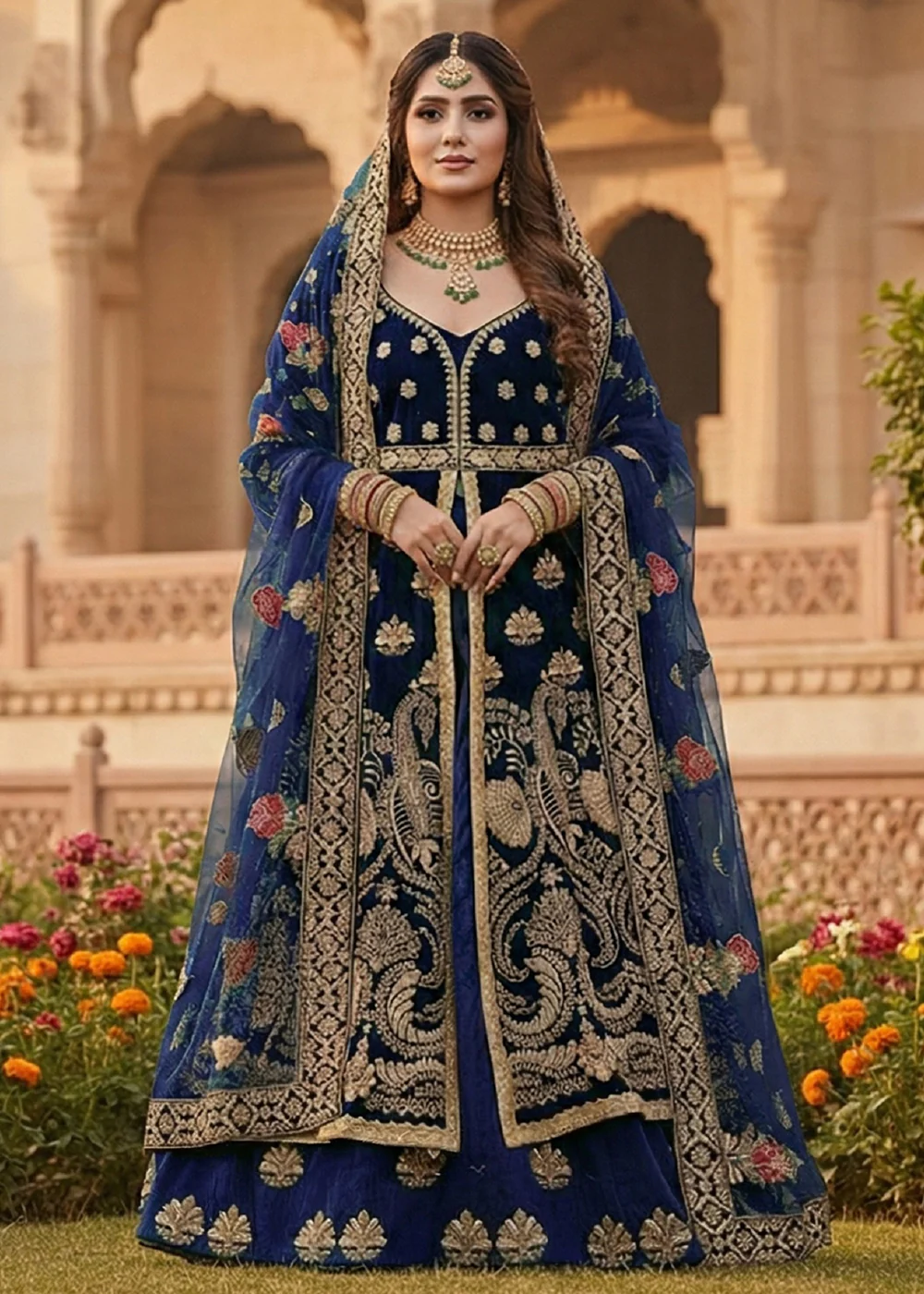 Blue Anarkali Style Wedding Bridal Lehnega Suit