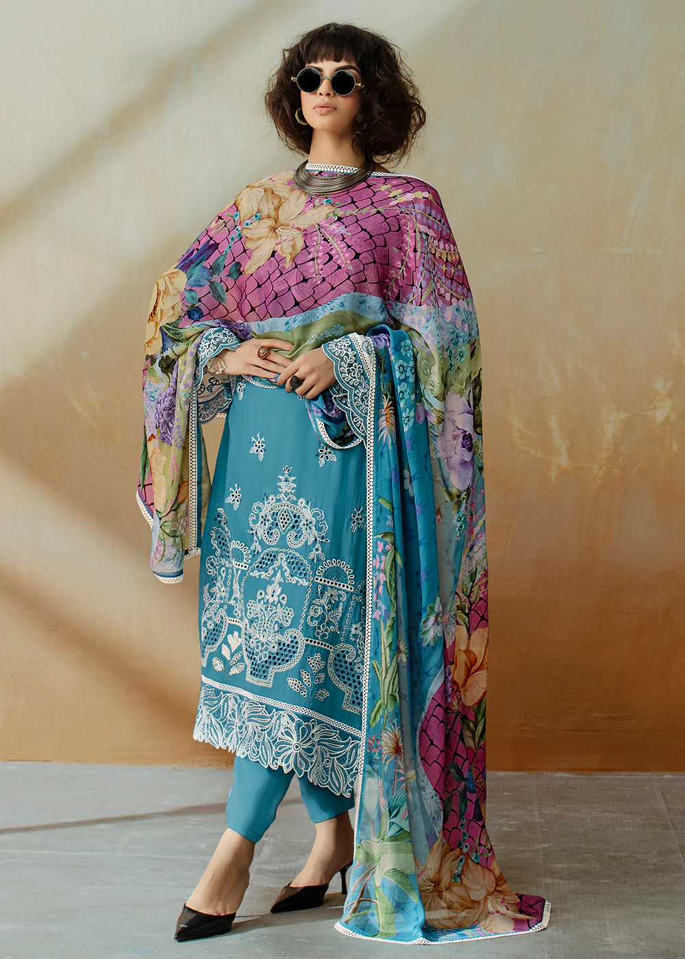Blue Applique Embroidered Muslin Pant Style Salwar Suit