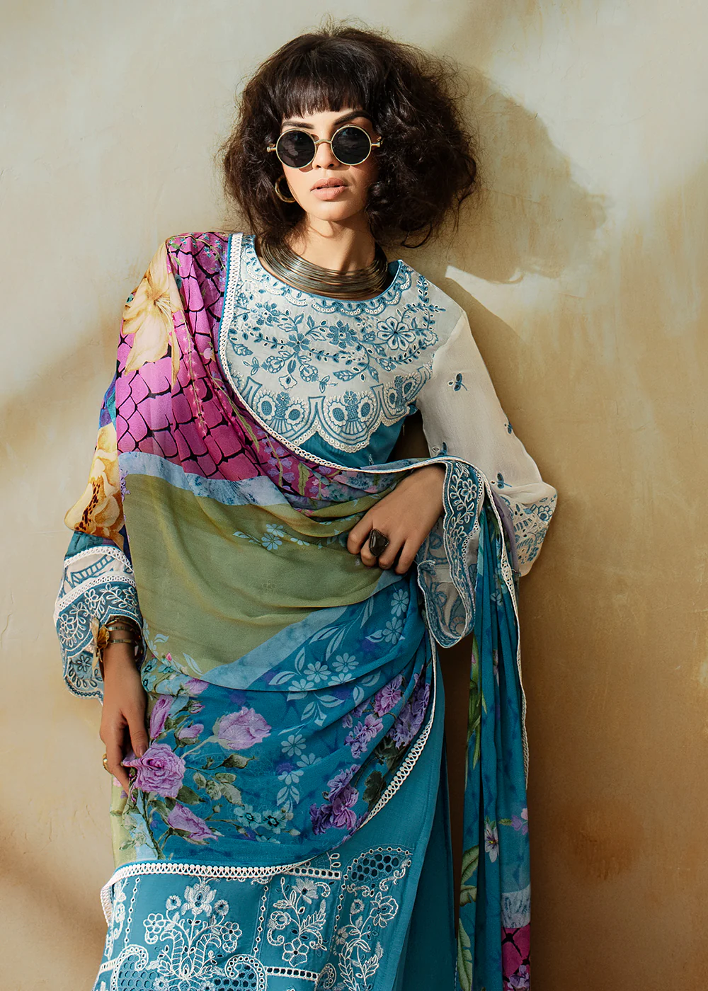 Blue Applique Embroidered Muslin Pant Style Salwar Suit - Image 2