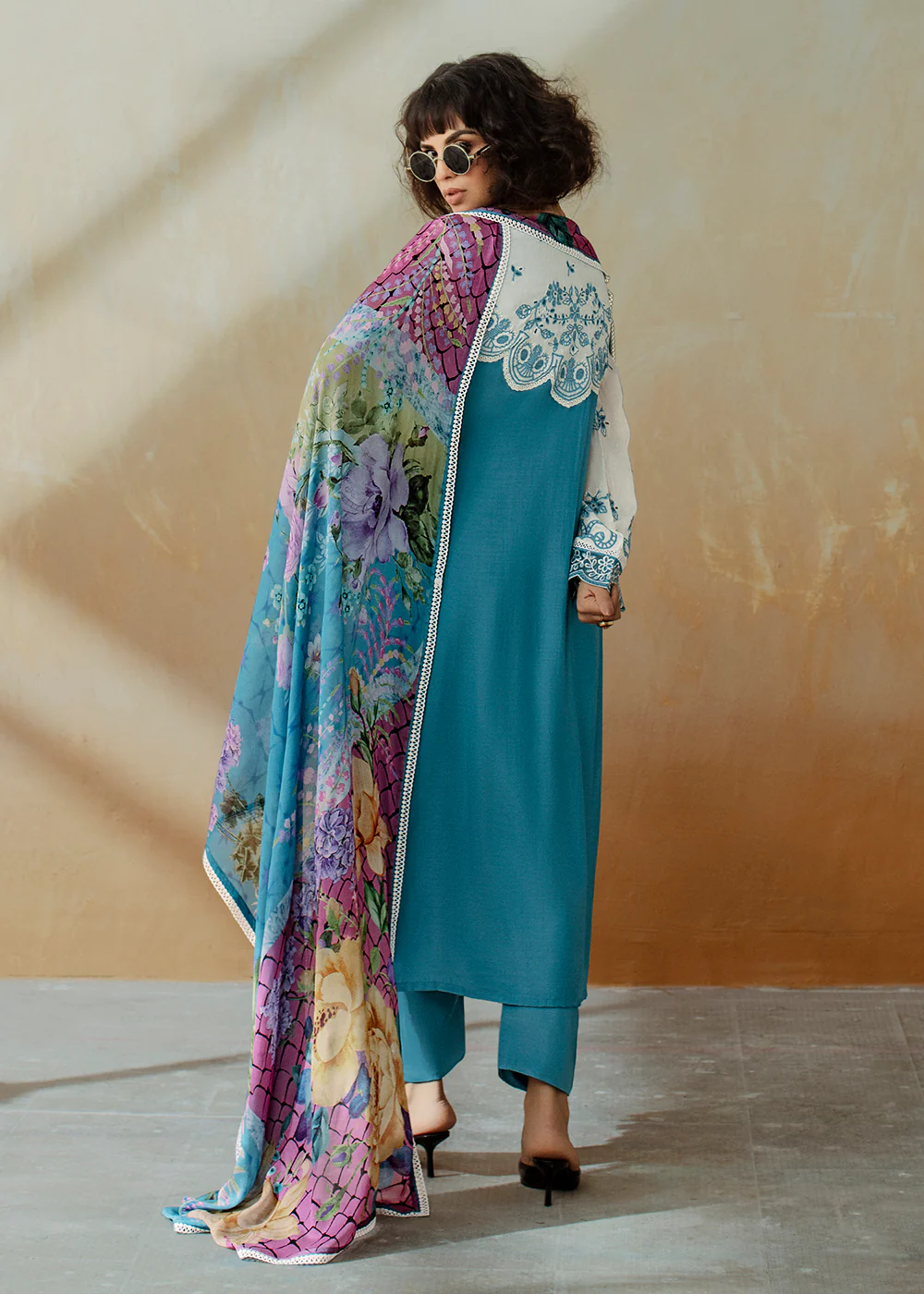 Blue Applique Embroidered Muslin Pant Style Salwar Suit - Image 3