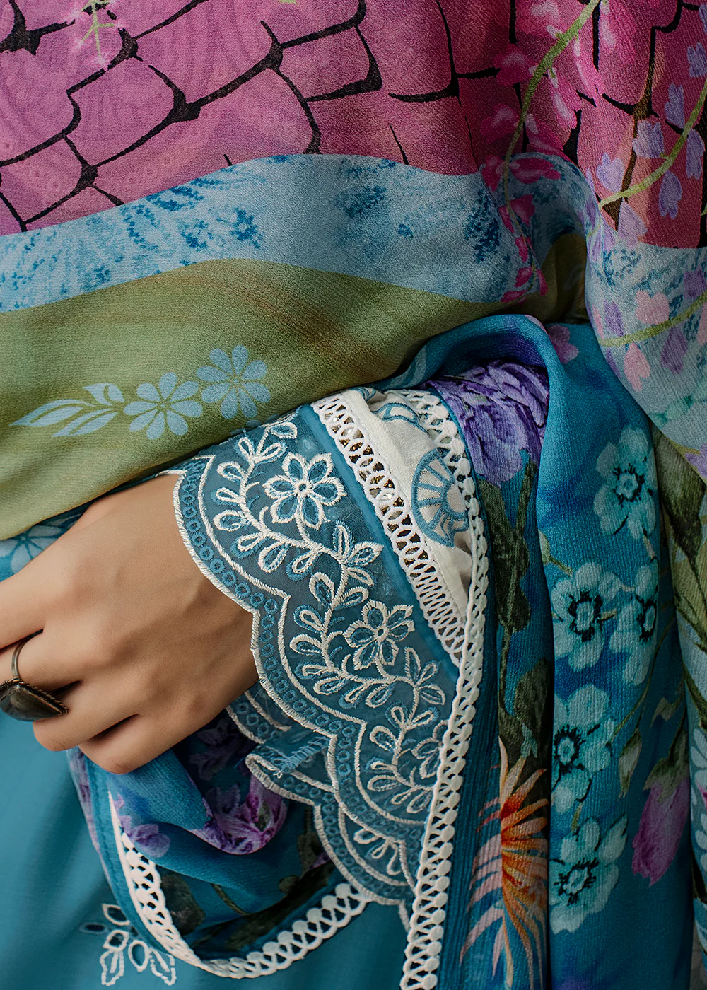 Blue Applique Embroidered Muslin Pant Style Salwar Suit - Image 4