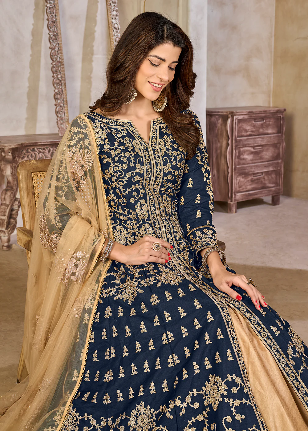 Blue Art Silk Lehenga Slit Style Festive Anarkali Suit - Image 2