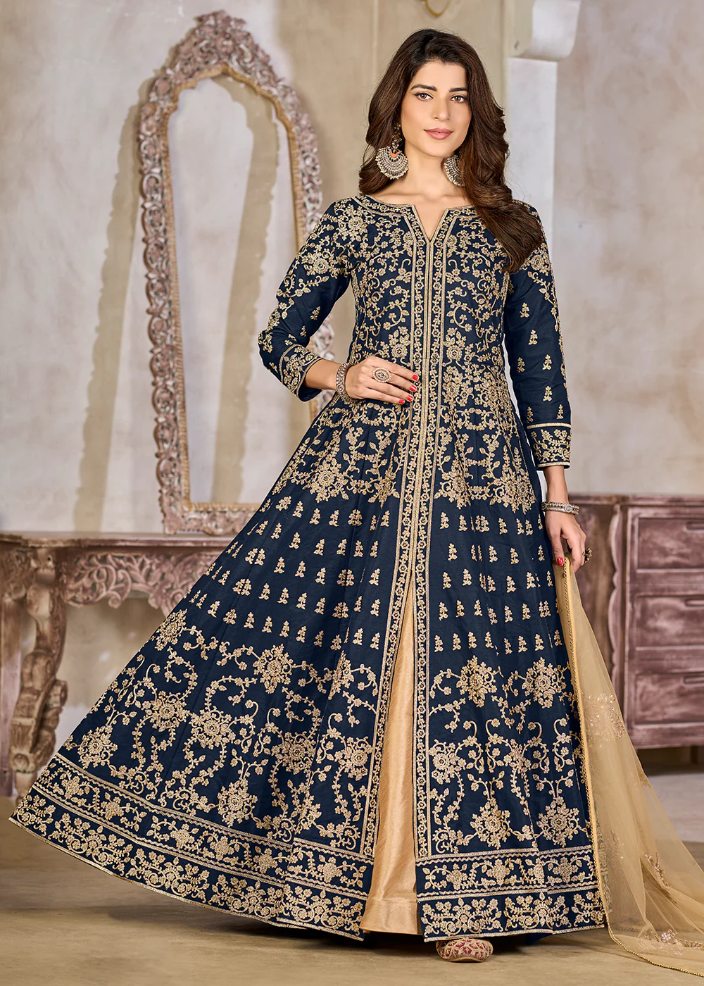 Blue Art Silk Lehenga Slit Style Festive Anarkali Suit - Image 3