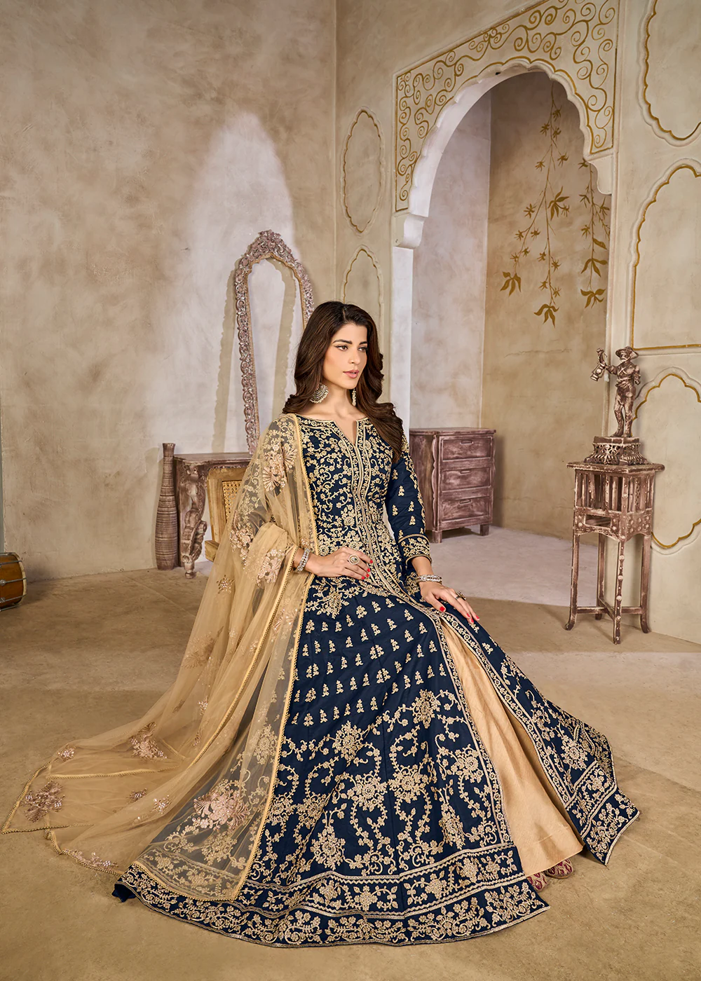 Blue Art Silk Lehenga Slit Style Festive Anarkali Suit - Image 4