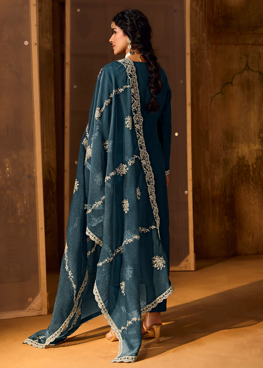 Blue Bamberg Silk Embroidered Eid Style Salwar Suit - Image 3