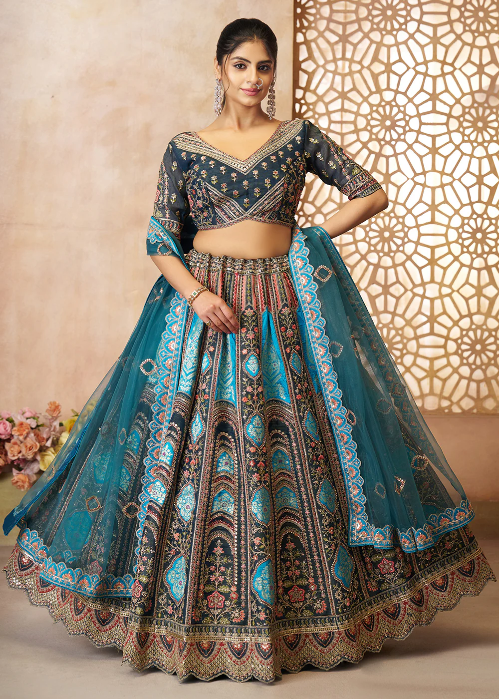 Blue Banarasi Silk Aari Embroidered Bridal Lehenga Choli