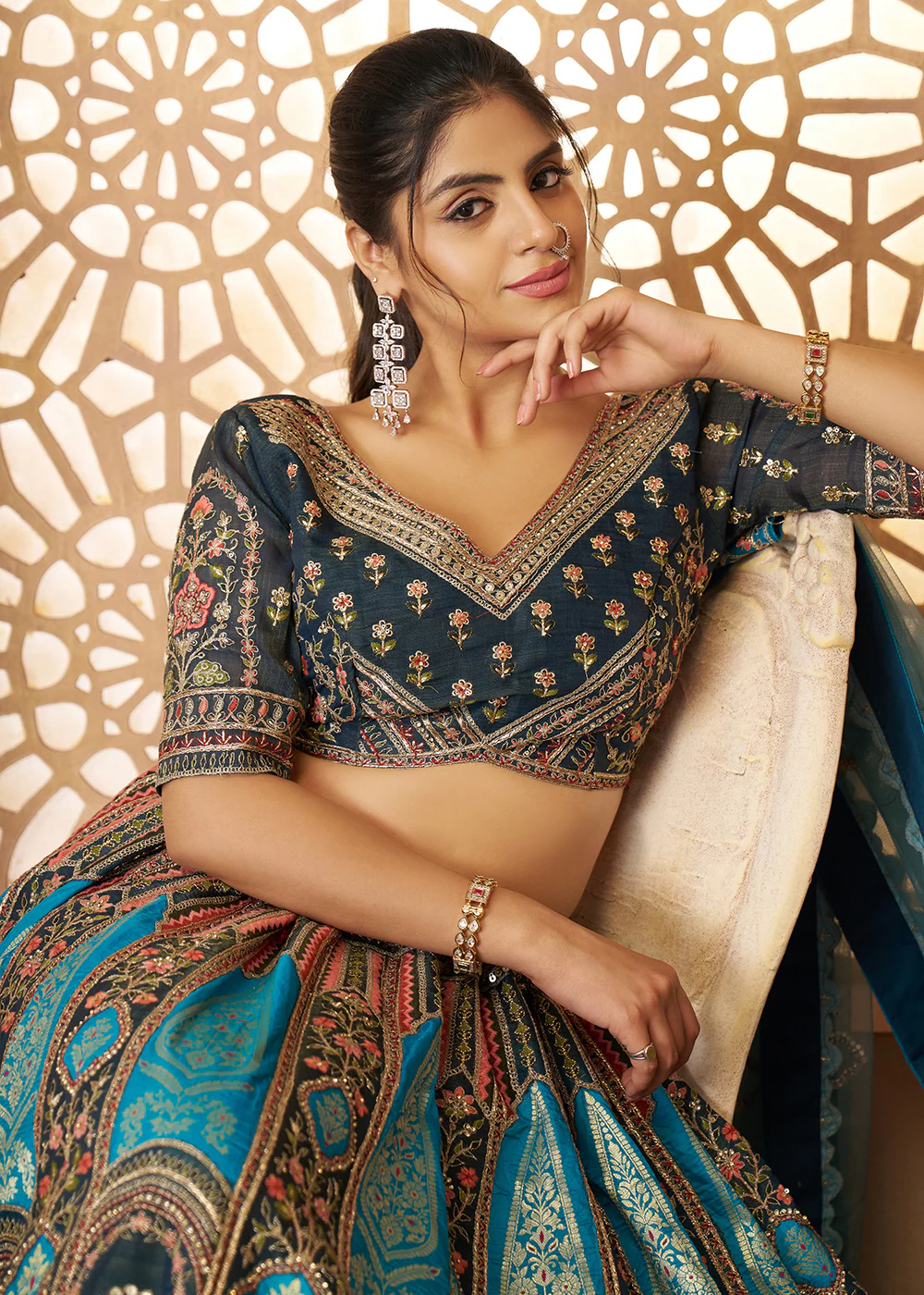 Blue Banarasi Silk Aari Embroidered Bridal Lehenga Choli - Image 2