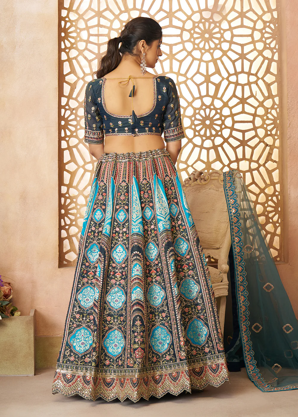 Blue Banarasi Silk Aari Embroidered Bridal Lehenga Choli - Image 3