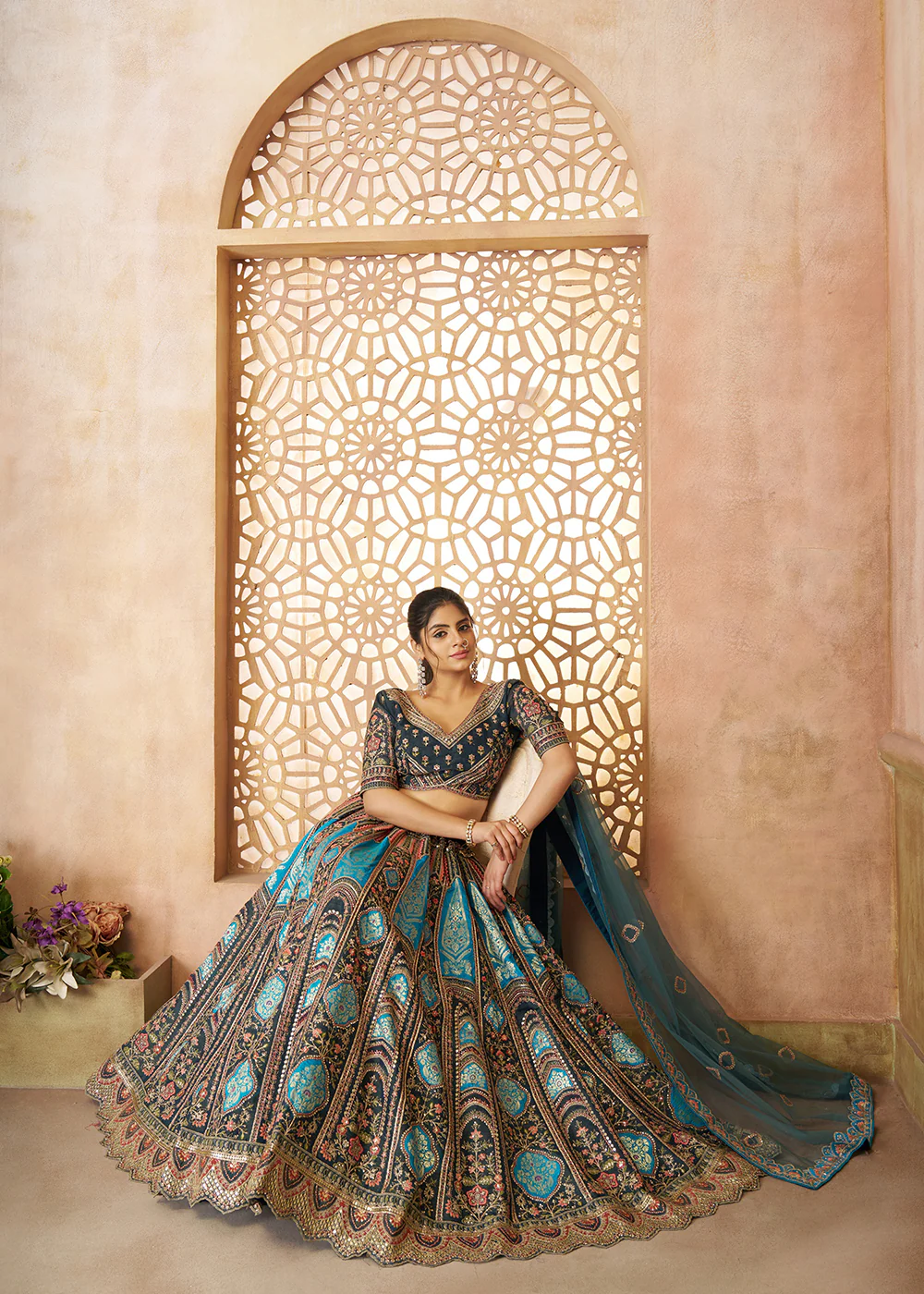 Blue Banarasi Silk Aari Embroidered Bridal Lehenga Choli - Image 4