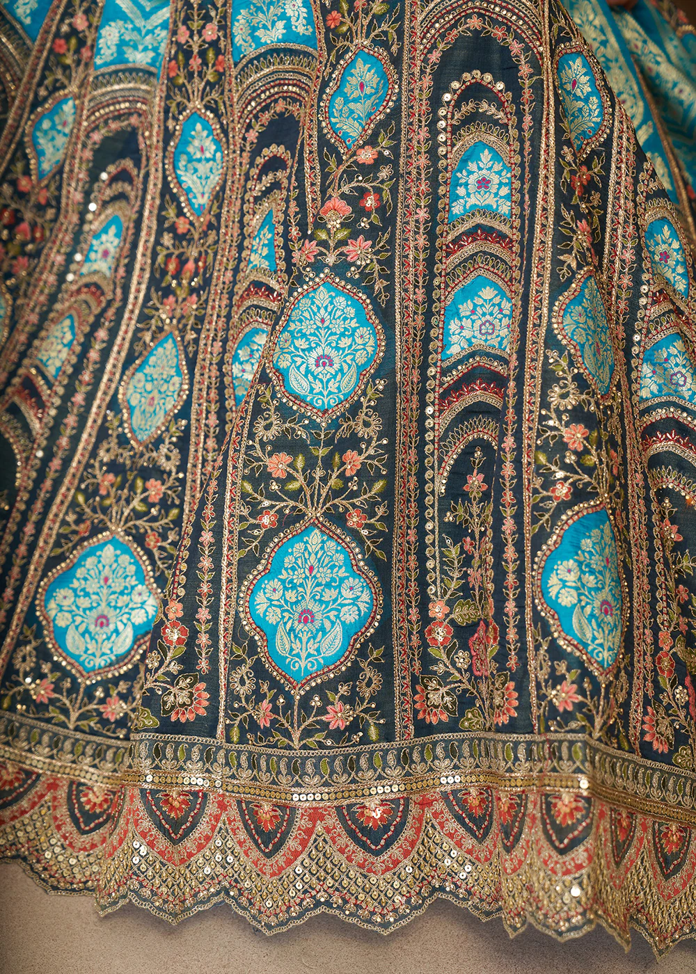 Blue Banarasi Silk Aari Embroidered Bridal Lehenga Choli - Image 5