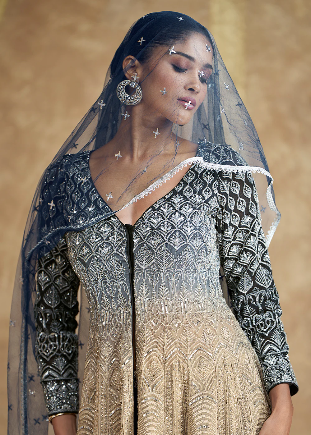Blue & Beige Ombre Slit Georgette Skirt Style Anakali Suit - Image 2