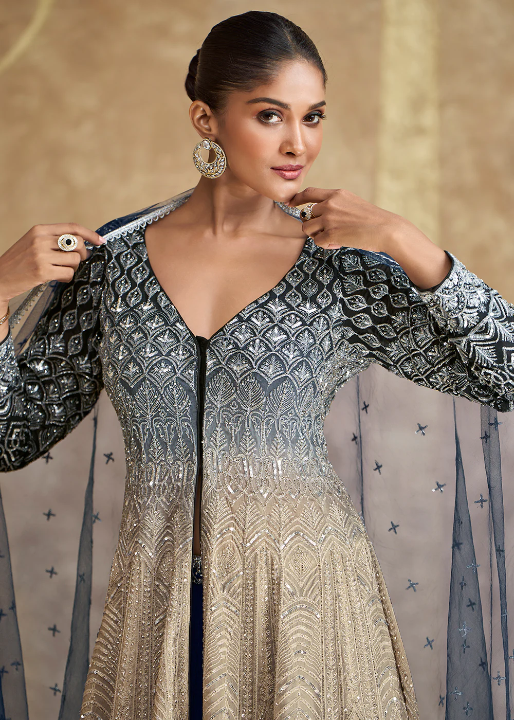 Blue & Beige Ombre Slit Georgette Skirt Style Anakali Suit - Image 3