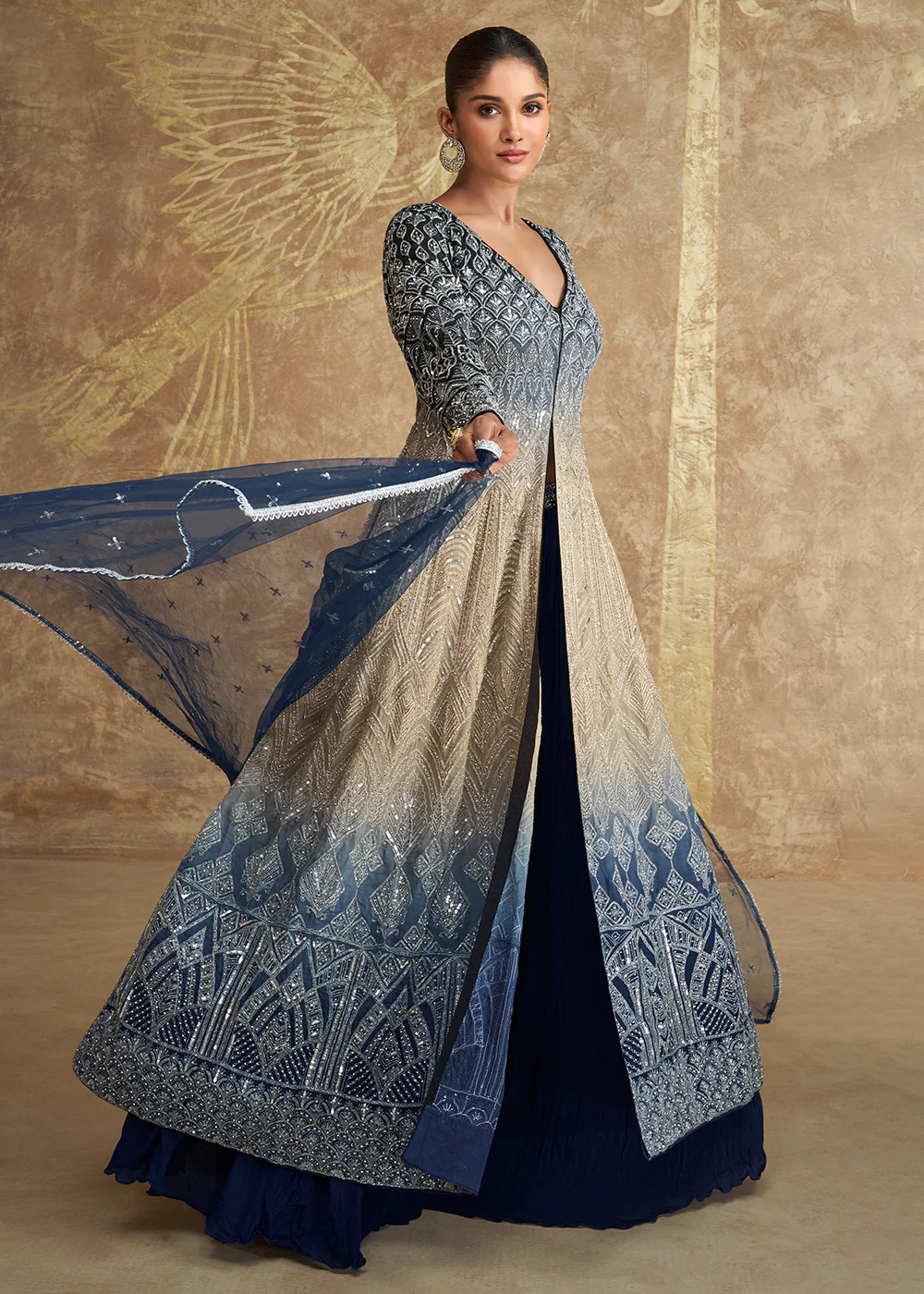 Blue & Beige Ombre Slit Georgette Skirt Style Anakali Suit - Image 4