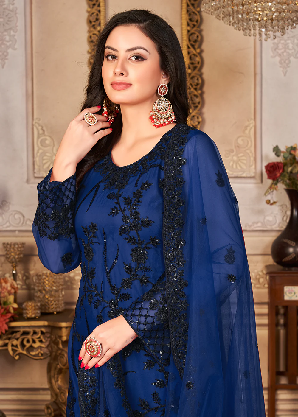 Blue & Black Cording & Sequins Embroidered Pant Style Suit - Image 2