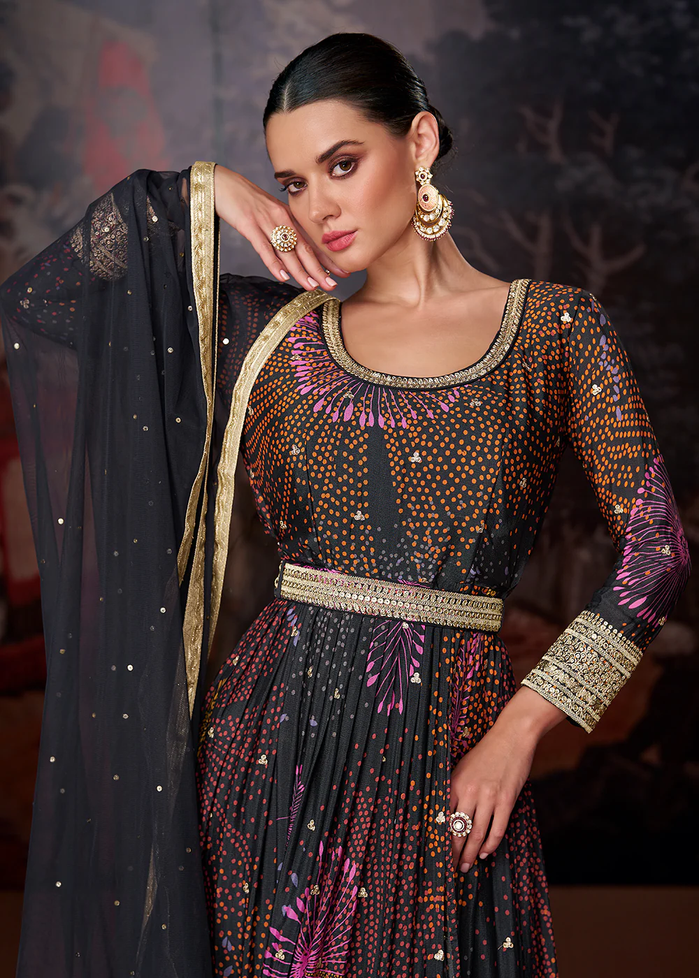 Blue Black Printed & Embroidered Wedding Anarkali Dress - Image 2