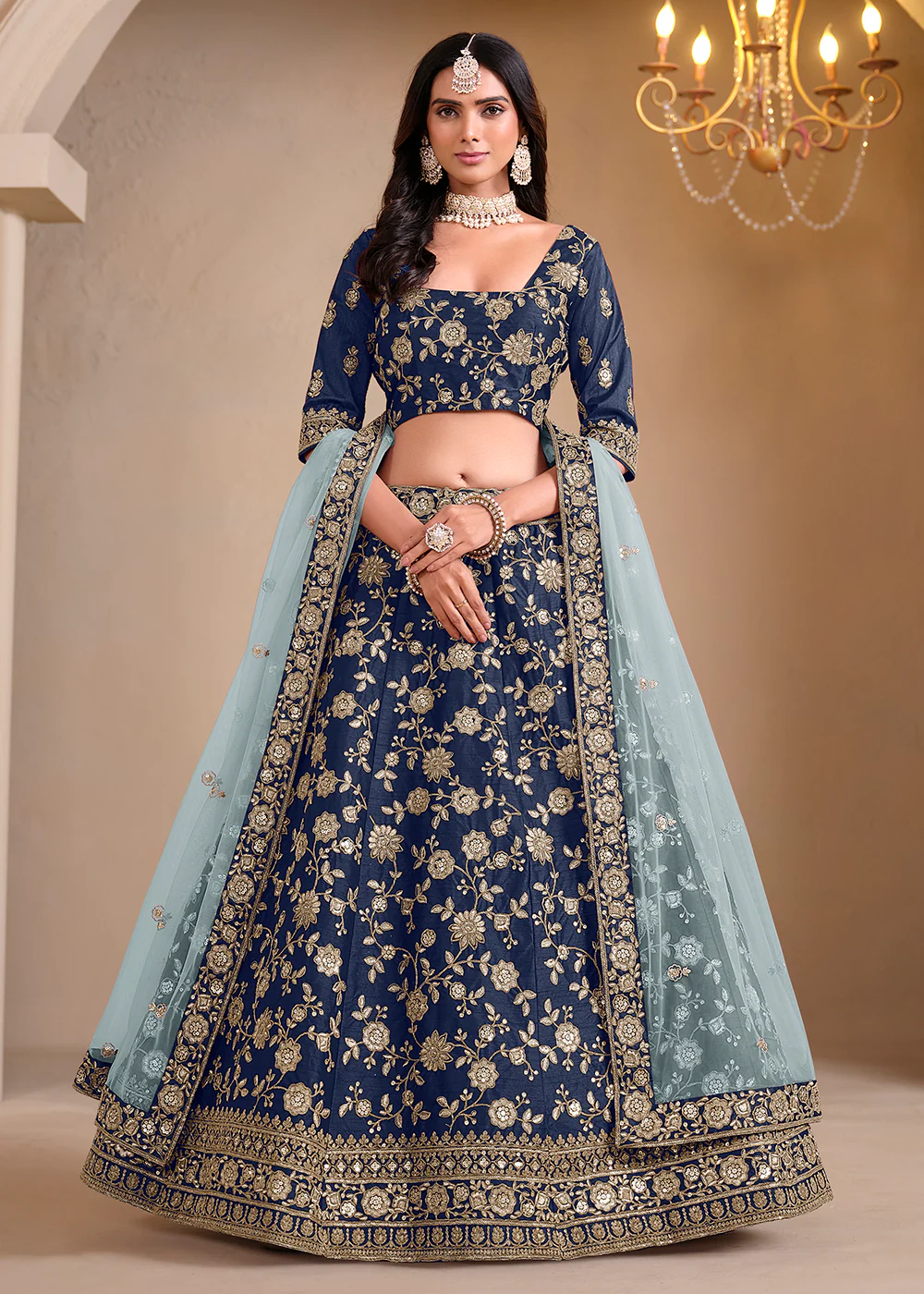 Blue Bridesmaids Style Art Silk Wedding Lehenga Choli