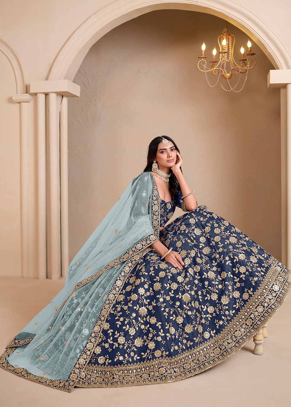 Blue Bridesmaids Style Art Silk Wedding Lehenga Choli - Image 3