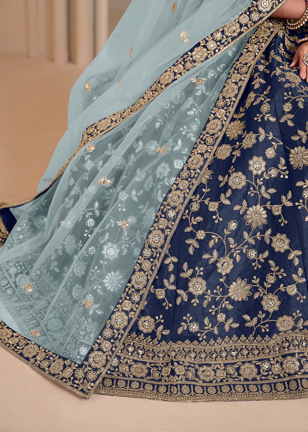 Blue Bridesmaids Style Art Silk Wedding Lehenga Choli - Image 4