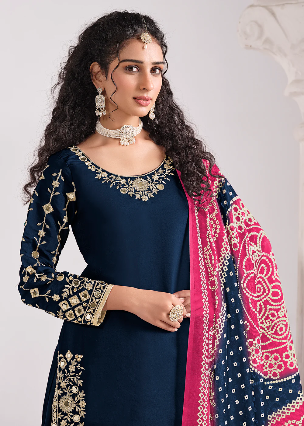 Blue Chanderi Silk Punjabi Patiala Style Suit - Image 2