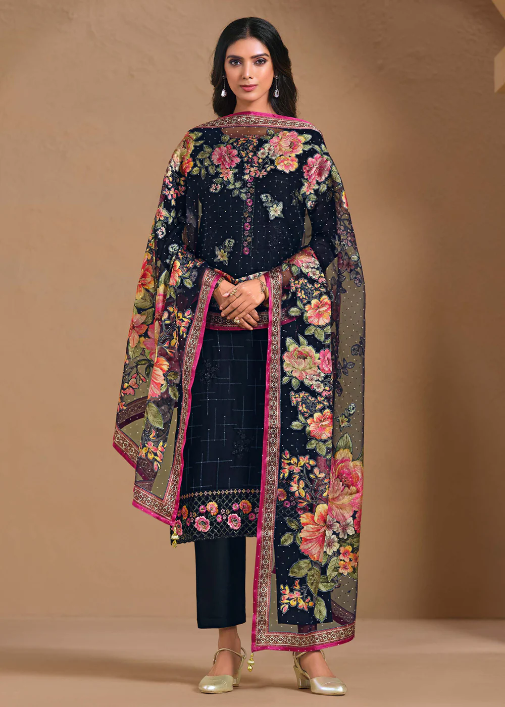 Blue Chinnon Chiffon Embroidered Festive Salwar Suit