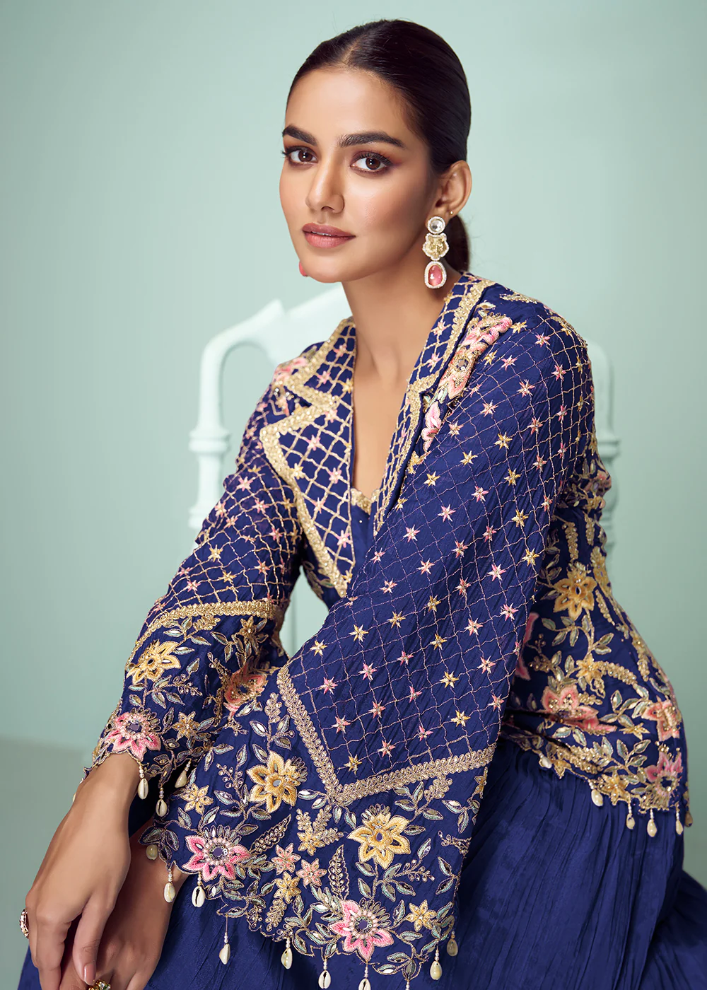 Blue Chinnon Embroidered Lehenga Skirt Style Suit - Image 2