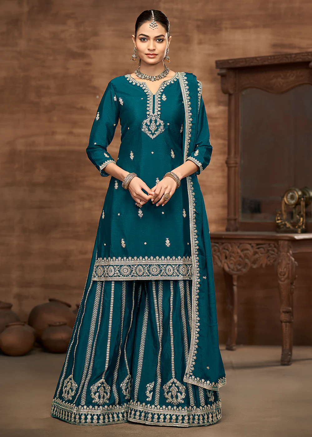 Blue Chinnon Embroidered Wedding Festive Palazzo Suit