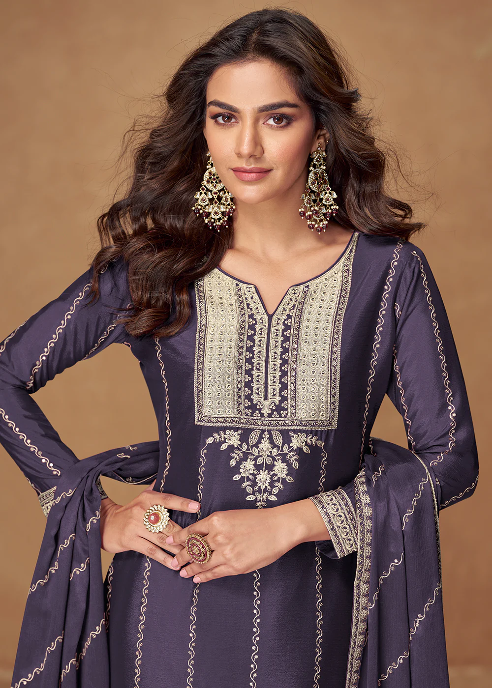 Blue Chinnon Silk Embroidered Wedding Wear Suit - Image 2